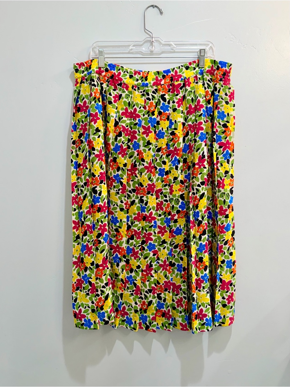 Vintage 80s Counterparts Colorful Floral Pleated Midi Skirt Sz 16 Elastic Waist